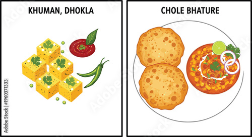 Indian traditional snacks khaman dhokla and chole bhature with chutney and spices vector illustration isolated on white background