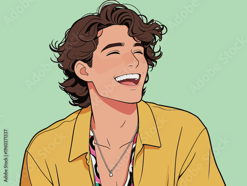 Smiling young man with curly hair wearing a yellow shirt and enjoying a light moment against a simple background