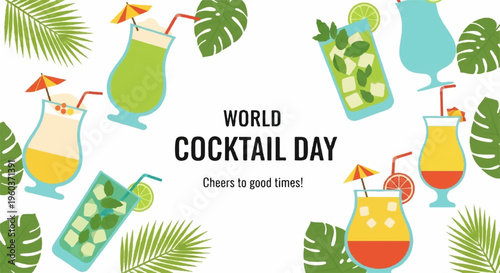 Colorful cocktails with umbrellas and tropical leaves on white background celebrating world cocktail day
