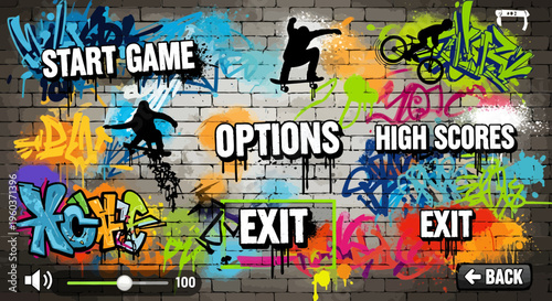 Graffiti Style Video Game Menu with Skateboarder and BMX Rider Silhouettes.