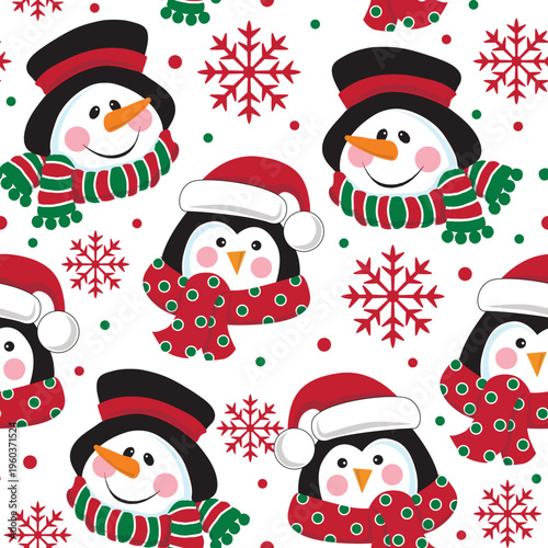Seamless Pattern of Christmas Whimsical Snowman and Penguin with Snowflakes- Christmas Vector Illustration