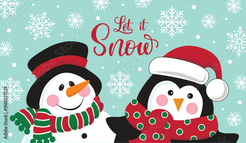Christmas Whimsical Snowman and Penguin with Snowflakes Isolated Pattern- Christmas Vector Illustration