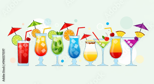 Colorful cocktails with umbrellas and garnishes on a light background refreshing summer drinks