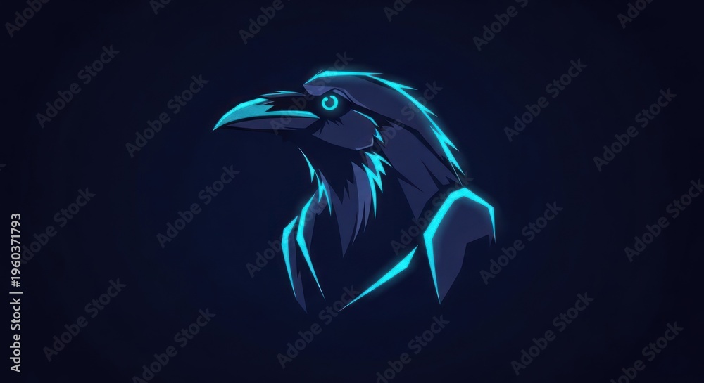 Naklejka premium Glowing Blue Raven Silhouette on Dark Background.
