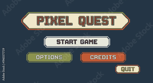 Pixel Quest Retro Video Game Menu Interface.