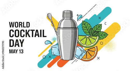 Cocktail shaker with mint leaves and citrus on colorful background for world cocktail day