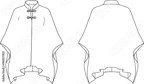 Women's stylish cape cloak technical drawing set, fashion design sketch with mandarin collar and toggle closure, apparel vector template, white.