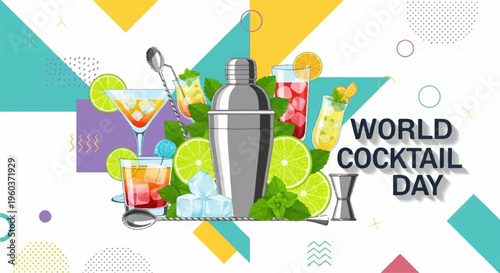 Cocktail shaker with colorful drinks and fruit on world cocktail day celebrating mixology and beverage culture with vibrant graphics