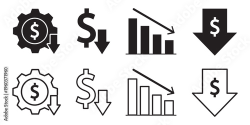 Cost reduction vector icon concepts. cost savings icon, dollar decrease sign. Percent down icon, High and Low Percent arrow icon in black. Financial Decline, Discount, and Cost Reduction Symbols.