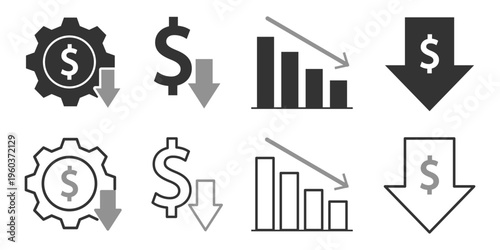 Cost Reduction and Business Efficiency Icon Set. Money Saving Symbols with Dollar Sign, Down Arrow, Decreasing Bar Chart, and Cog Gear. Two-Tone Blue Vector Assets for Financial Planning & Budget Cuts