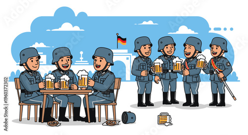 Cartoon illustration of soldiers in helmets drinking beer at a table with others standing nearby, against a blue background with a German flag.