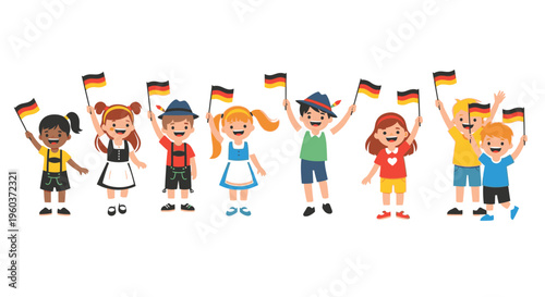 Illustration of diverse children waving German flags in a colorful, flat cartoon style against a clean white background with a joyful mood.