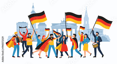 Illustration of a diverse group of people waving German flags in front of a city skyline with a vibrant and patriotic mood.
