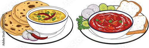 Indian traditional food dishes dal fry and paneer curry with roti bread slices vector illustration isolated on white background