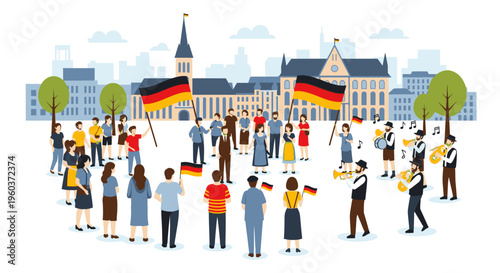 Illustration of a diverse crowd of people celebrating in front of a large building with a German flag, set against a cityscape with trees and a cloudy sky.