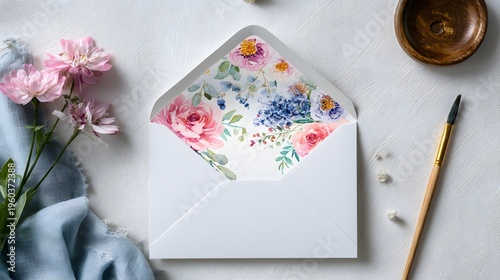 Elegant White Envelope with Floral Liner and Delicate Pink Roses.