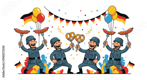 Cartoon illustration of four chefs celebrating with sausages and pretzels under a German flag banner with balloons and confetti on white background.