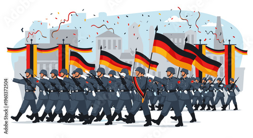 Illustration of German military personnel marching with flags in a parade against a building backdrop with confetti.