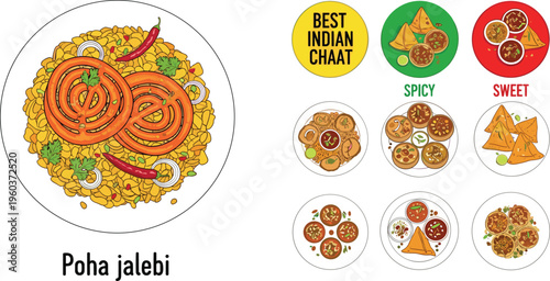 Top view of traditional Indian street food Poha Jalebi with spicy and sweet chaat varieties colorful vector illustration isolated on white background
