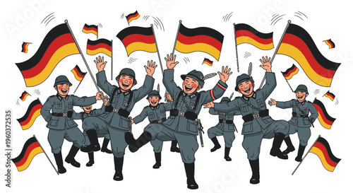Cartoon illustration of soldiers in gray uniforms jumping and waving German flags on a white background with a celebratory mood.