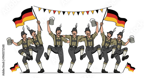 Illustration of five men in traditional German attire dancing and holding steins with flags and bunting on a white background.