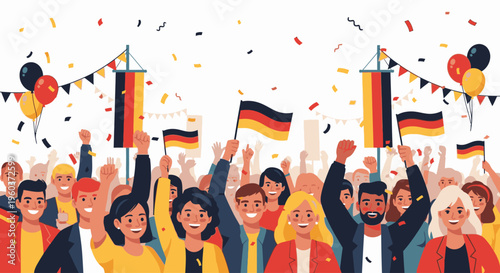 Illustration of a diverse crowd celebrating with German flags and confetti in a festive atmosphere with a joyful mood.