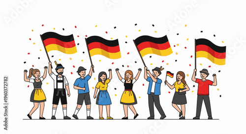 Illustration of people in traditional German attire waving flags with confetti on a white background, conveying a festive mood with dominant black, red, and yellow colors.