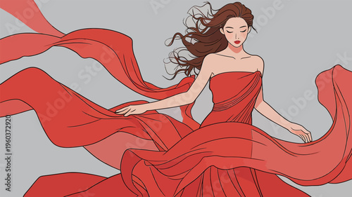 Woman in red dress moves gracefully with flowing fabric in artistic display
