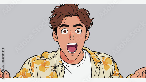 Young man with brown hair expresses excitement wearing a floral shirt against a plain background