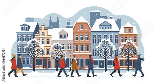 Illustration of people walking in a snowy city street with colorful buildings and trees in a flat, graphic style with a wintry mood.