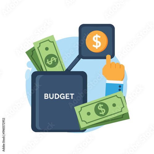 A hand points to a coin over a box labeled "BUDGET" with money