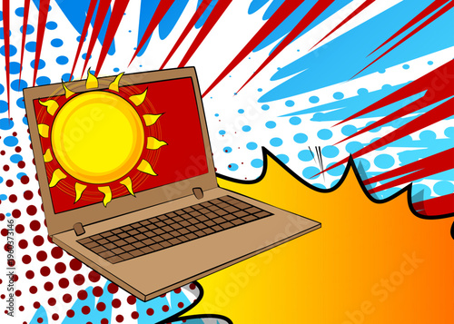 Cartoon Laptop, comic book Notebook with Sun. Retro vector comics pop art design.