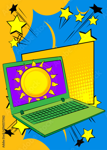 Cartoon Laptop, comic book Notebook with Sun. Retro vector comics pop art design.