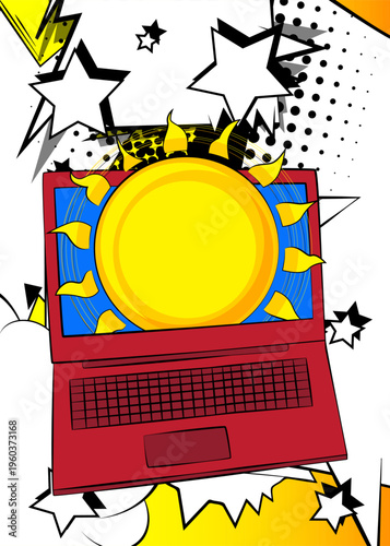 Cartoon Laptop, comic book Notebook with Sun. Retro vector comics pop art design.