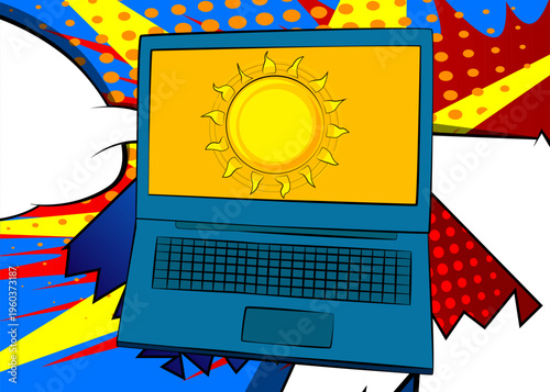 Cartoon Laptop, comic book Notebook with Sun. Retro vector comics pop art design.