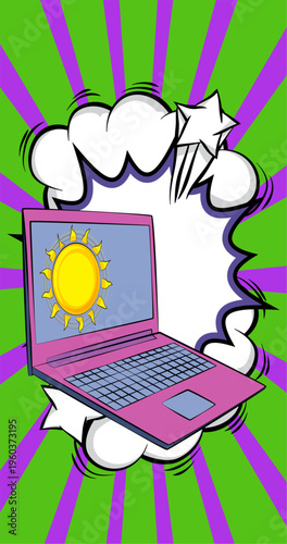 Cartoon Laptop, comic book Notebook with Sun. Retro vector comics pop art design.