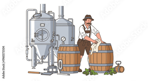 Illustration of a bearded brewer in traditional attire working with wooden barrels and brewing equipment in a factory setting with a neutral color palette.