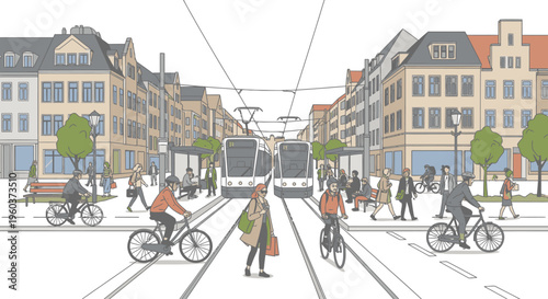 Illustration of a city street scene with people riding bicycles and walking across a tram track intersection in a European-style urban setting with buildings and trees.
