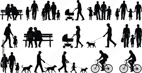 family people silhouettes set, parents children activities collection, walking sitting stroller cycling dog walking scenes, black vector illustration pack