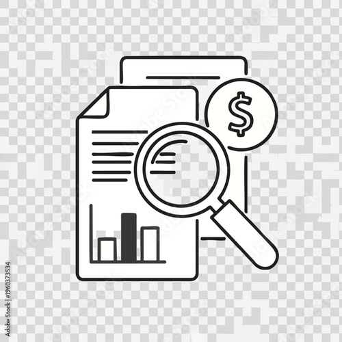 Magnifying glass examining financial report with bar chart and currency symbol