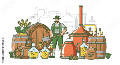 Illustration of a man in traditional clothing standing among wooden barrels and distillation equipment for whiskey production.