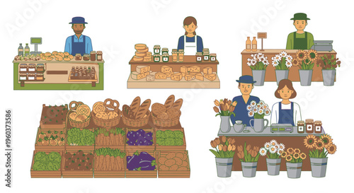 Colorful illustration of people working at various market stalls with fruits and vegetables against a clean white background.