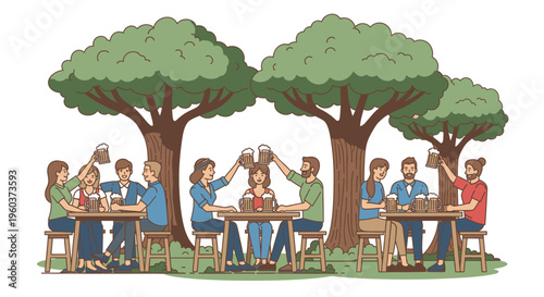 Illustration of people sitting at outdoor tables under trees, clinking glasses and socializing in a casual setting with a lively atmosphere.
