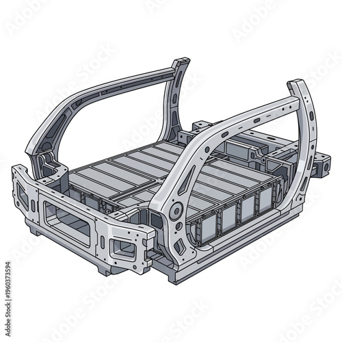 Detailed illustration of an electric vehicle battery pack frame with internal battery cells, showcasing advanced engineering and industrial design concepts