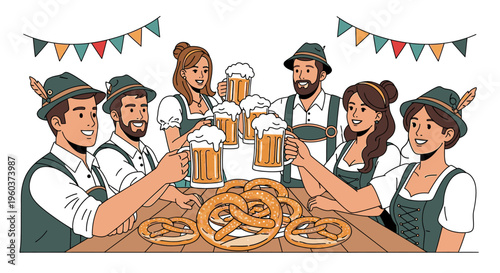 Group of people in traditional German attire toasting with beer steins and eating pretzels at a festive table with colorful bunting.