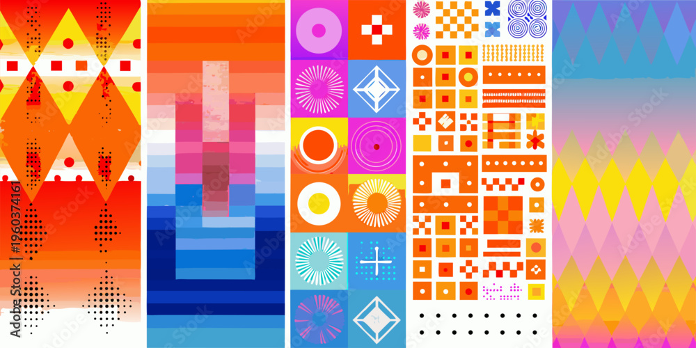 Obraz premium Abstract geometric patterns in vibrant orange blue pink and yellow hues