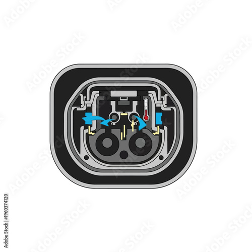 Detailed internal schematic of an electric vehicle charging connector, highlighting advanced thermal management, current flow, and safety features for efficient power delivery