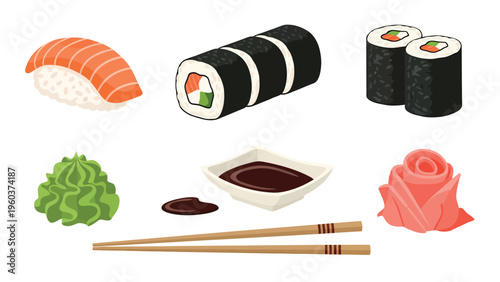 Japanese Sushi Set Illustration: Nigiri, Maki Rolls, Wasabi, Soy Sauce, Pickled Ginger, and Chopsticks. Asian Food Vector.