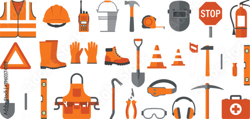 Large collection of flat vector icons featuring construction tools and safety equipment like helmets vests and first aid kits.