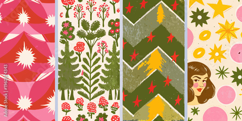 A collection of colorful retro patterned paper strips and a portrait